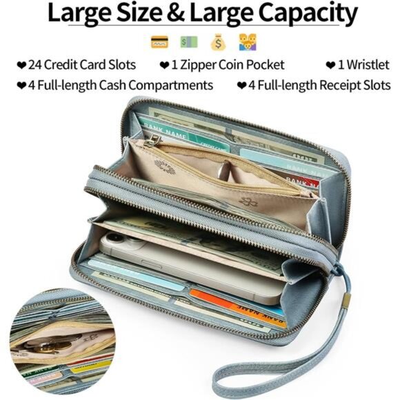 Clutch RFID Blocking Leather Wristlet Purse Large Capacity Credit Card Holder - Picture 2 of 7